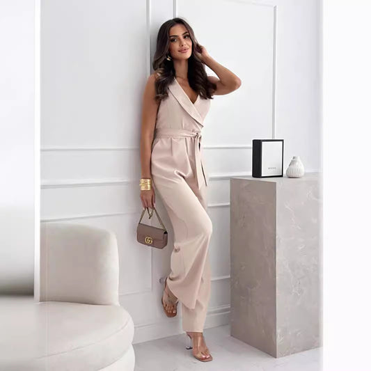 Women Clothing Comfort Casual Solid Color V neck Sleeveless Jumpsuit